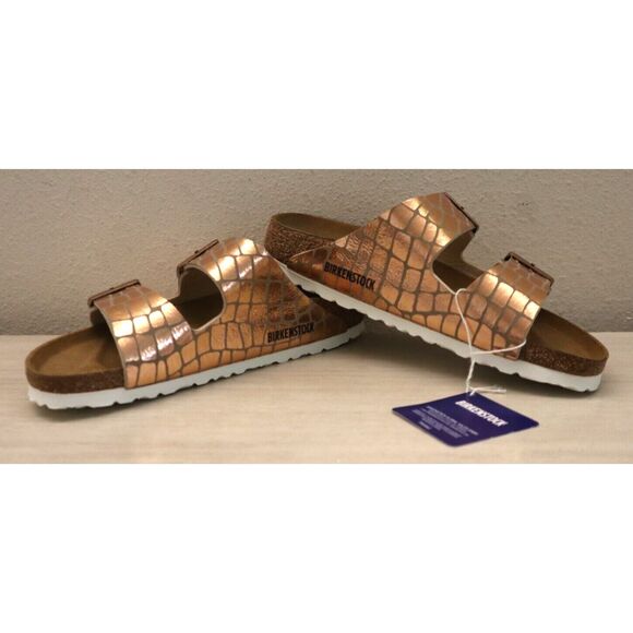Birkenstock WMN 38 US 7-7.5 Copper Arizona Gator Gleam 2-Strap Comfort Sandals - Picture 1 of 16